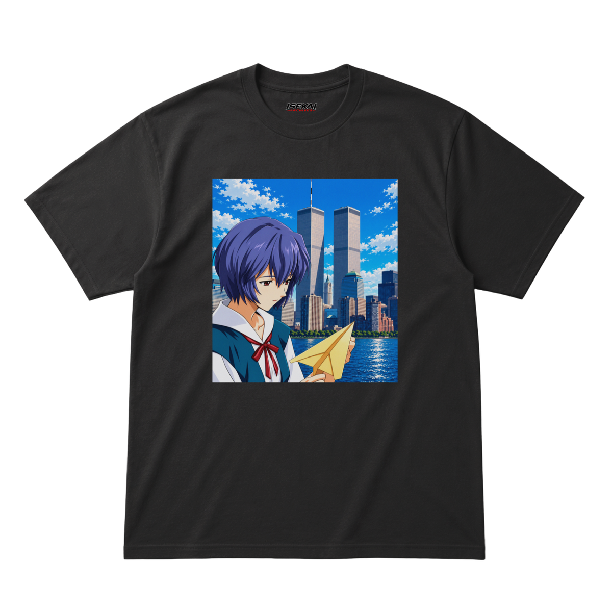 Rei Ayanami from Neon Genesis Evangelion holding a paper airplane in front of a city skyline – anime meme t-shirt