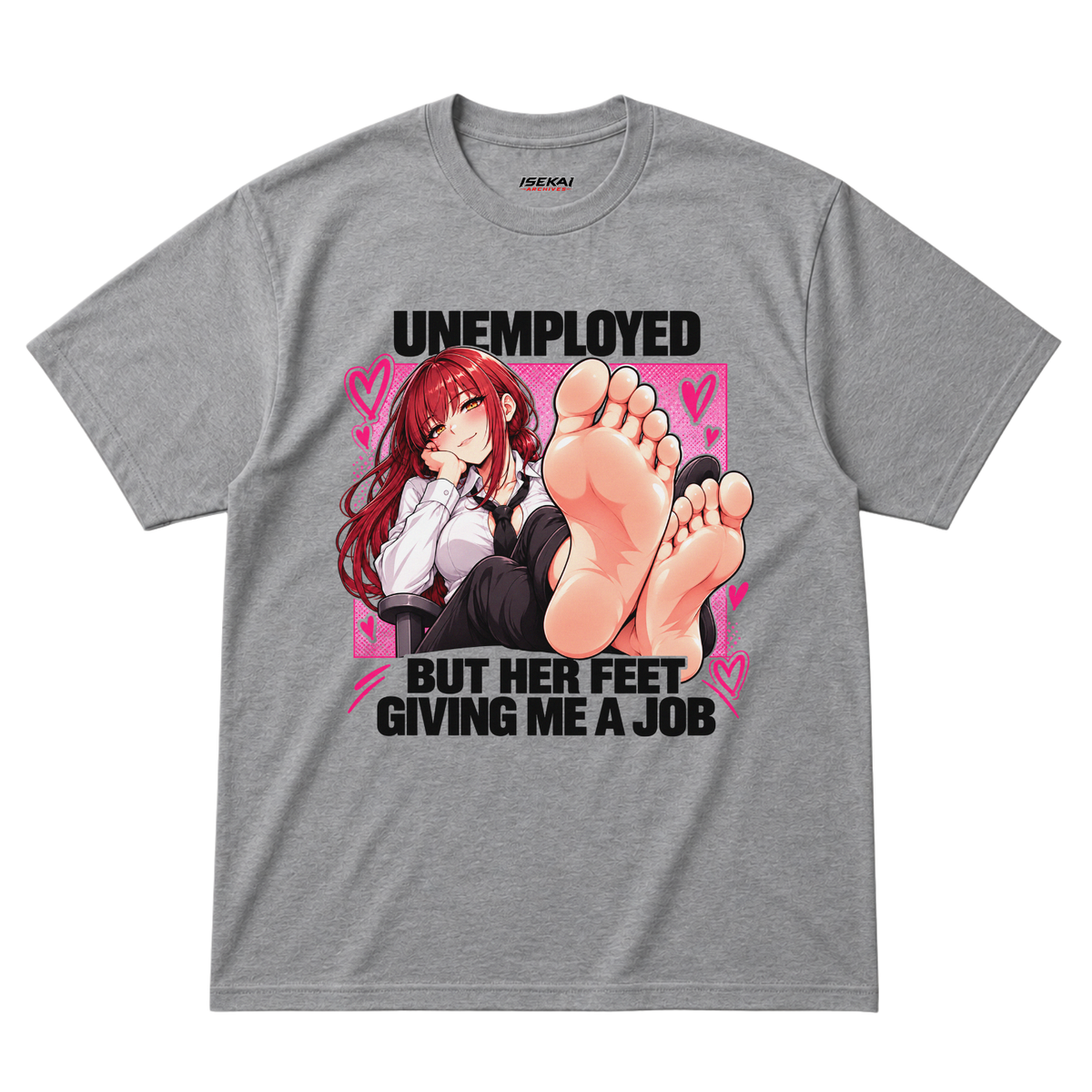 Chainsaw Man Makima feet meme graphic tee with pink hearts, unisex anime t-shirt by Isekai Archives