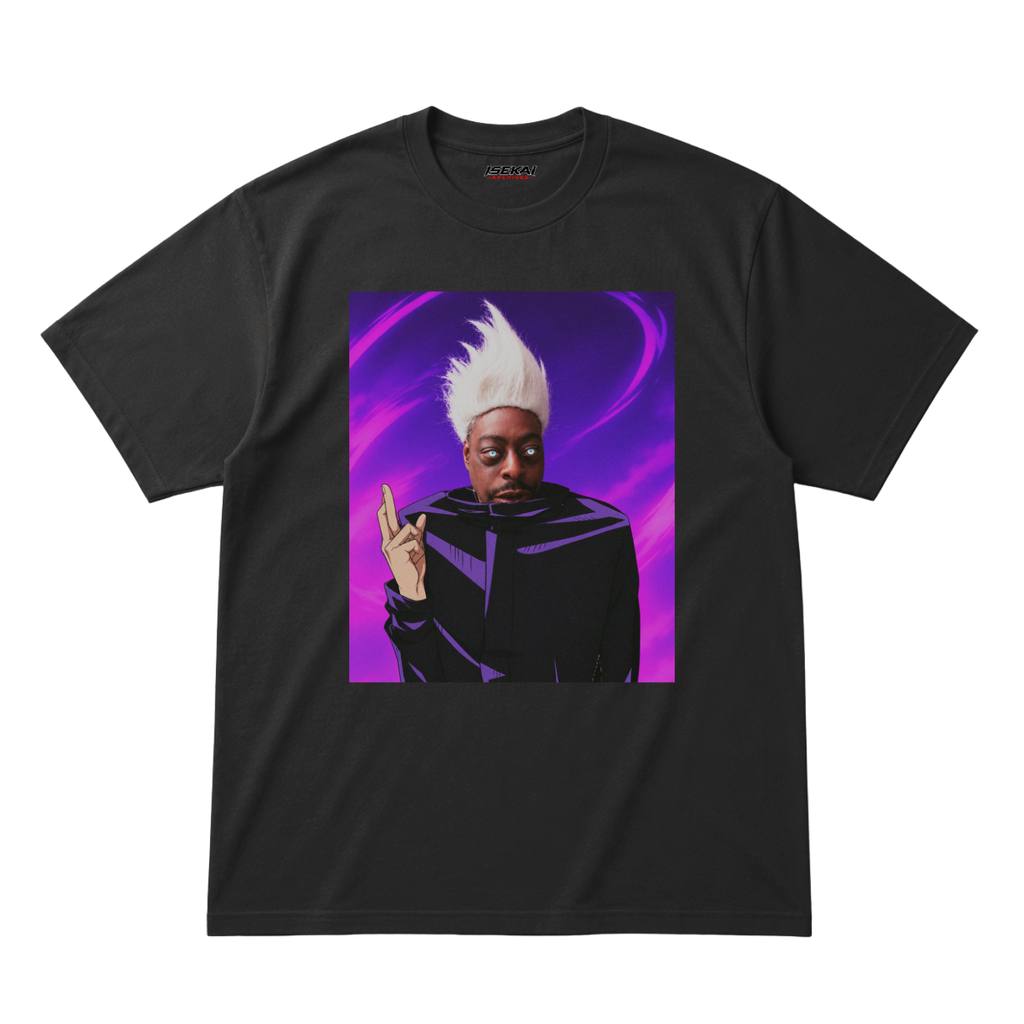 Beetlejuice meme cosplaying Satoru Gojo from Jujutsu Kaisen with spiky white hair on a purple background – funny JJK t-shirt