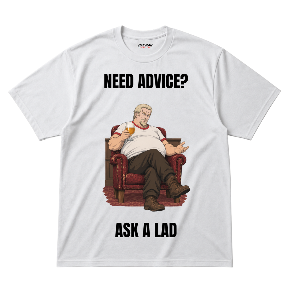 Askeladd from Vinland Saga relaxing in an armchair with a beer under the text 'Need Advice? Ask a Lad' – funny anime meme t-shirt by Isekai Archives