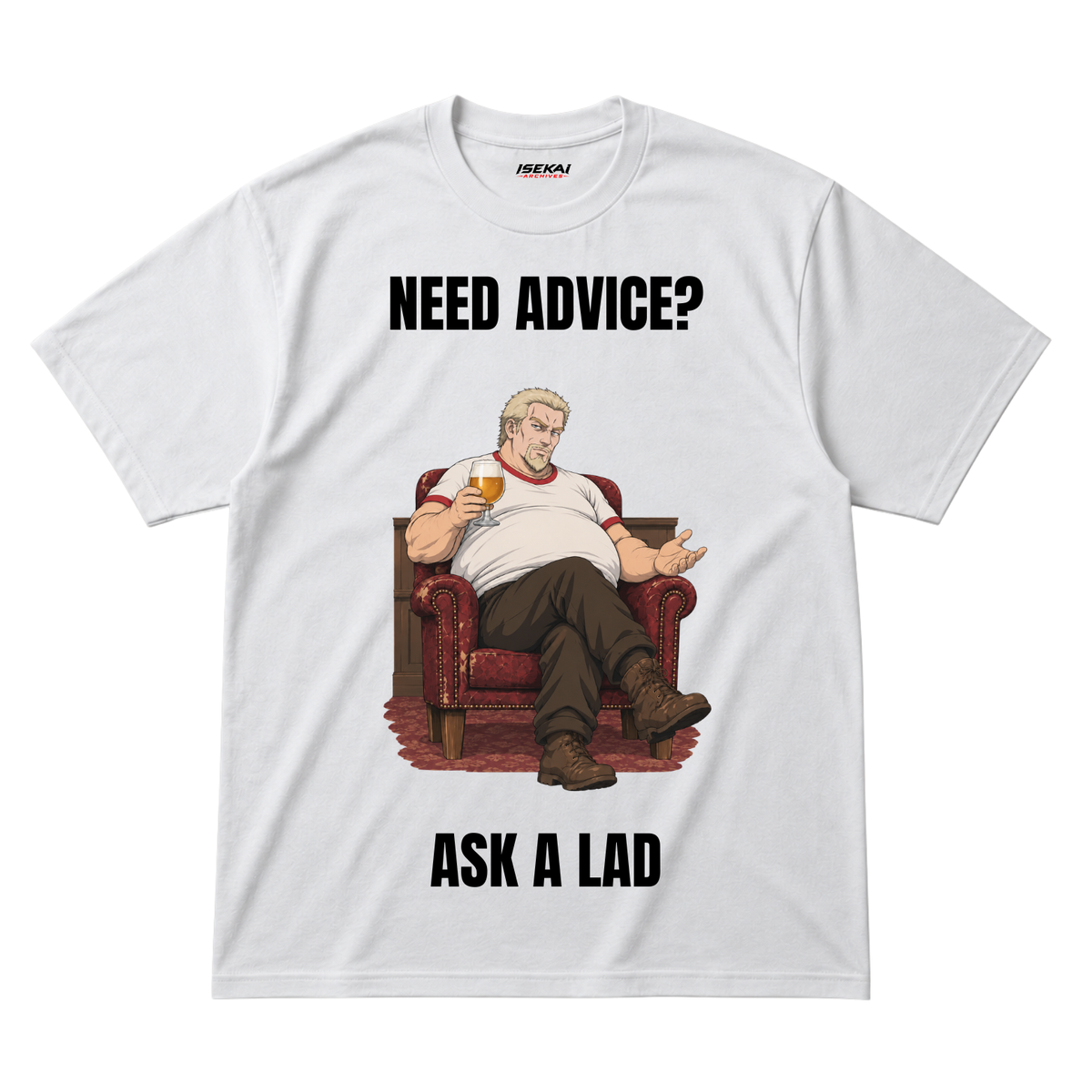 Askeladd from Vinland Saga relaxing in an armchair with a beer under the text 'Need Advice? Ask a Lad' – funny anime meme t-shirt by Isekai Archives