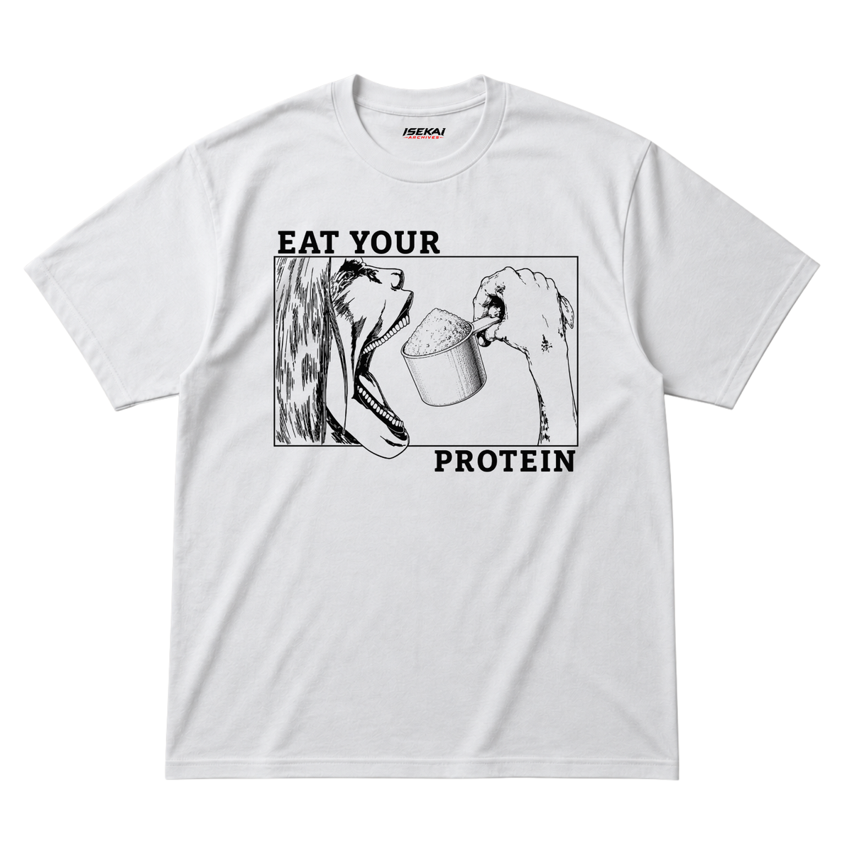 Eat Your Protein Attack on Titan gym meme t-shirt – manga-style titan eating a scoop of protein powder