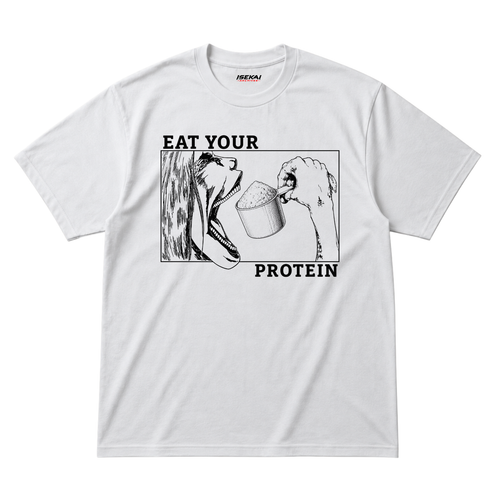Eat Your Protein Attack on Titan gym meme t-shirt – manga-style titan eating a scoop of protein powder